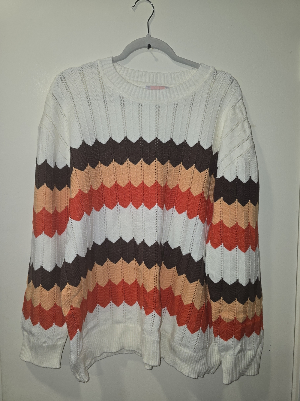 Crewneck Chevron Stripe Sweater in White with Orange and Brown Accents